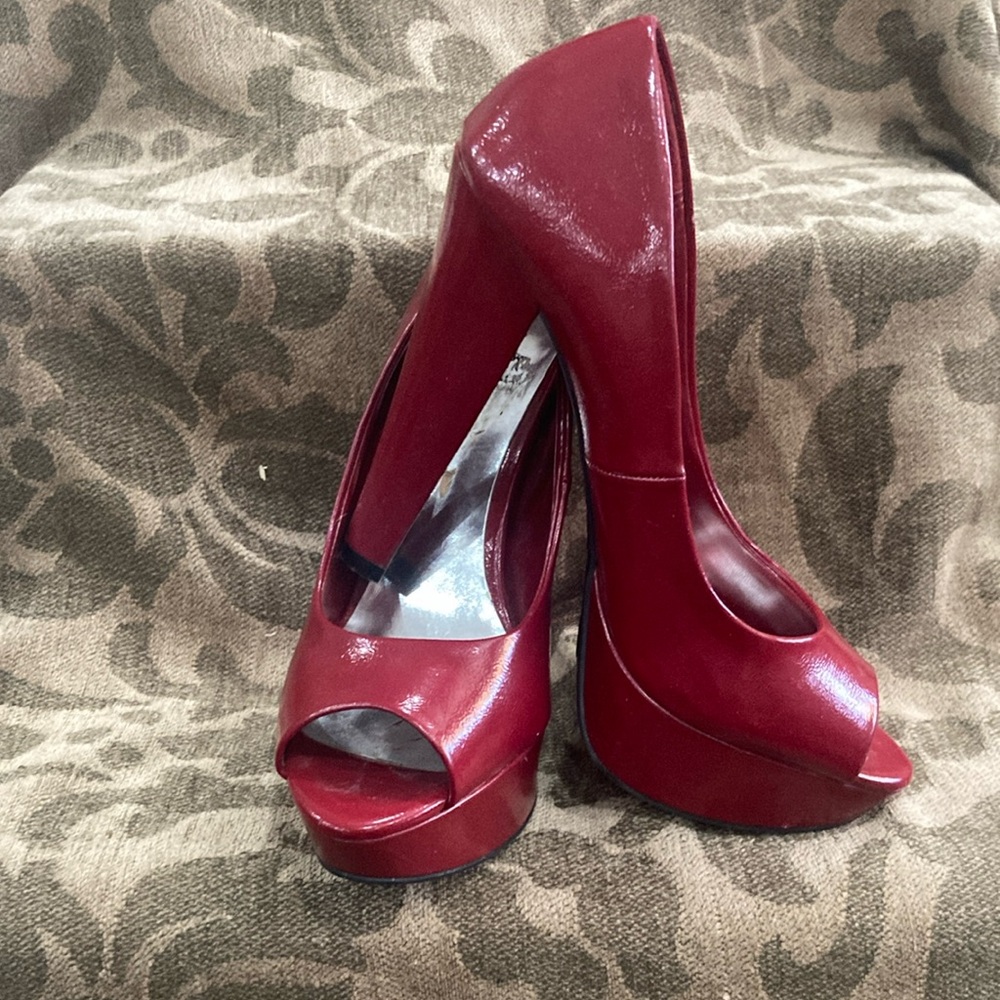City Streets Red Patent Leather Peep-Toe Heels
